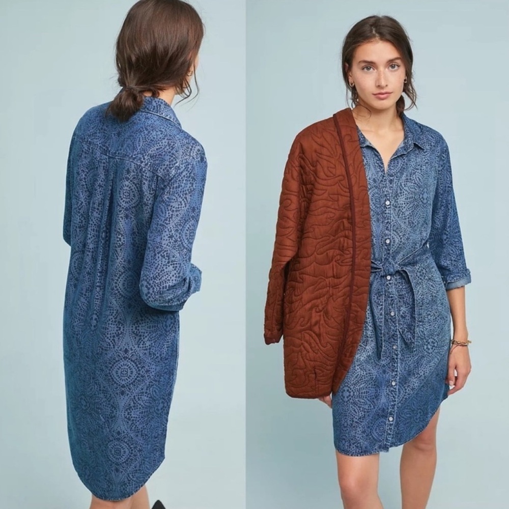 Anthropologie Cloth & Stone Tencel Lyocell Printed Chambray Shirt Dress Small